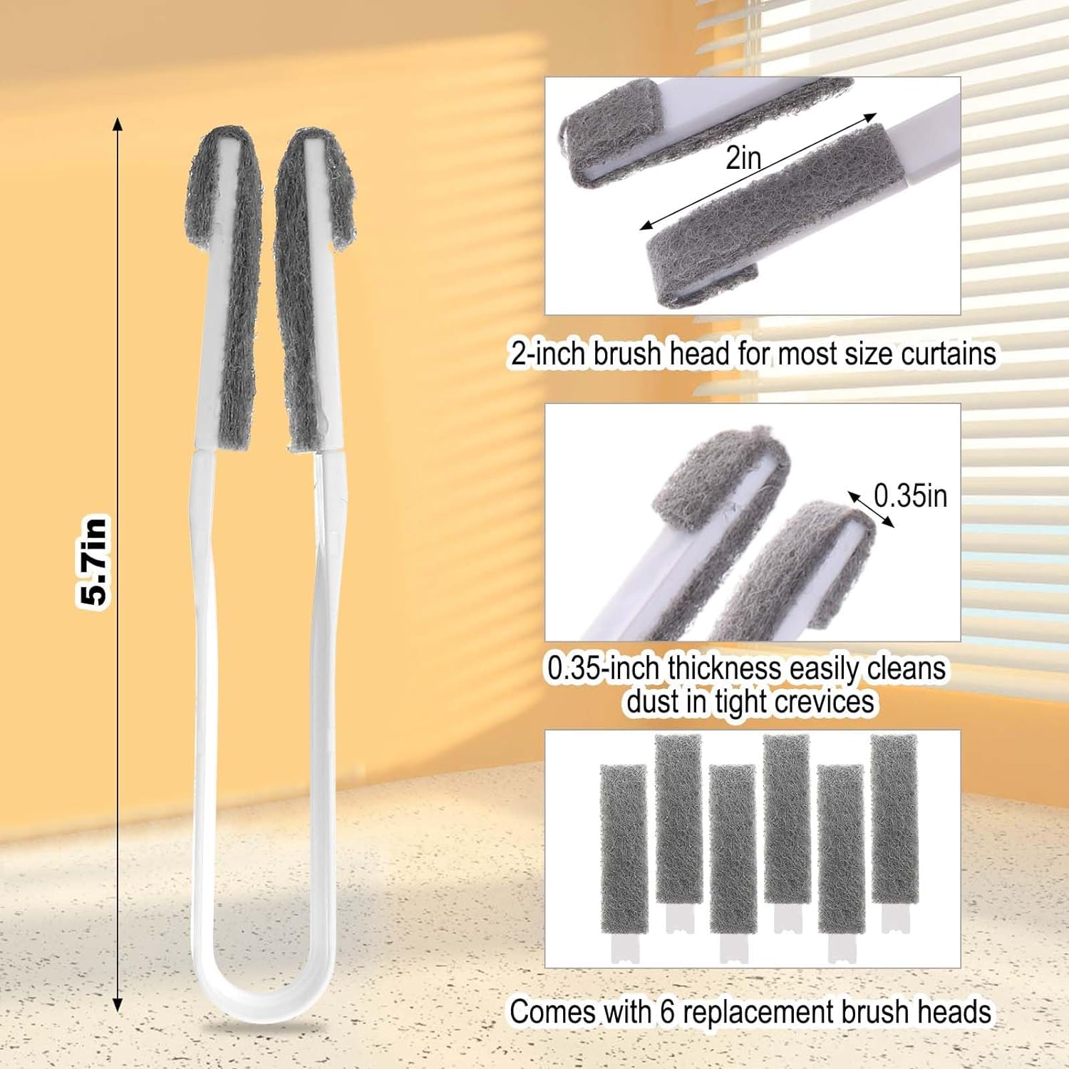 HASTHIP Window Blinds Cleaning Brush with 6 Replacement Cleaner Heads, Gap Brush for Cleaning Gap Master Brush Mini Gap Cleaning Brush for Gap, Seam, Car Air Vents, Car Window Gap, Roller Blinds
