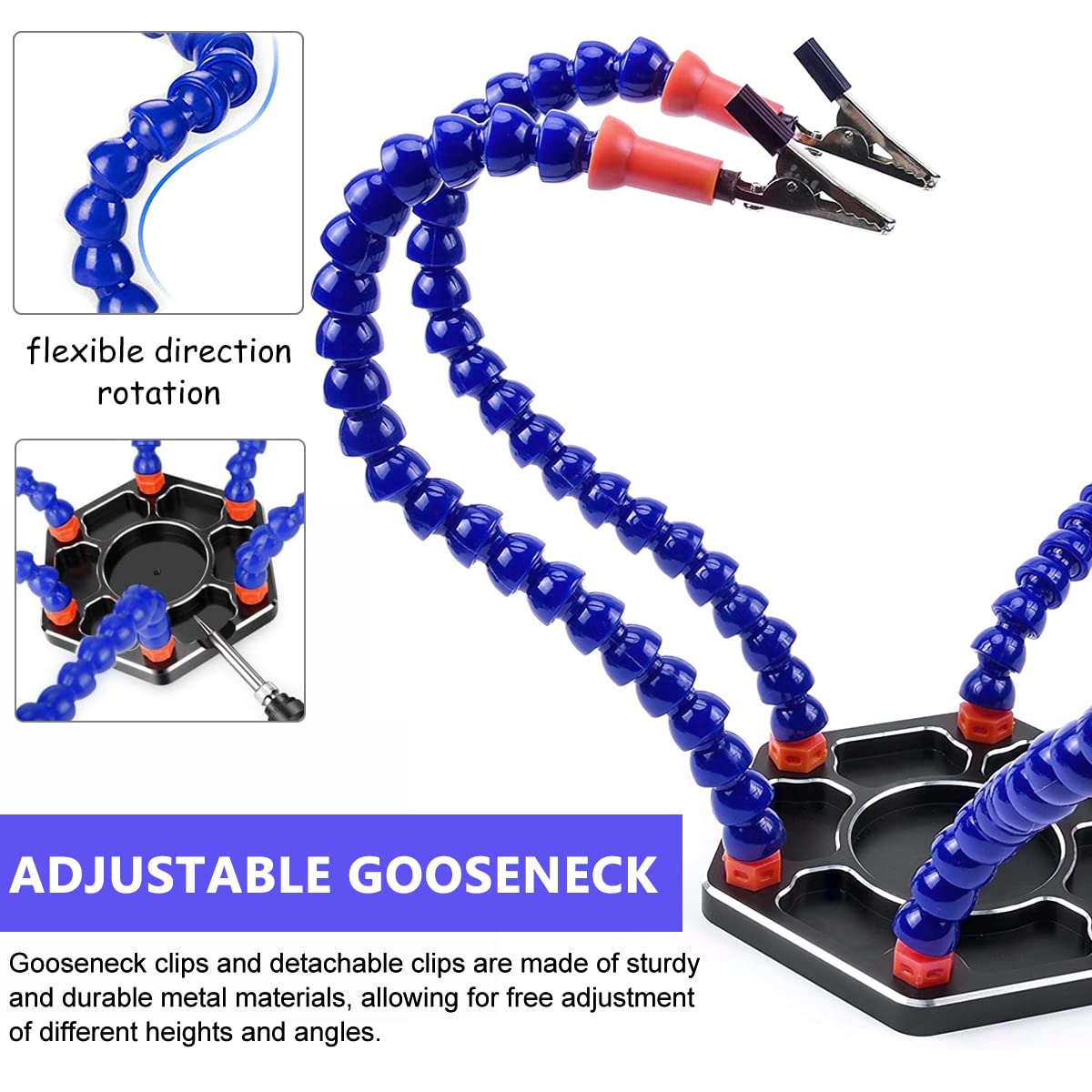 Serplex Helping Hand Soldering Third Hands Vise with 6 Flexible Arms Clip LED Flashlight Magnifying Glass Aluminum Base for Soldering, Assembly, Repair, Modeling, Hobby, Crafts, Jewelry Making (Blue)