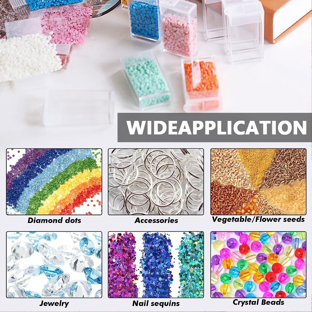 HASTHIP 64 Grids Diamond Painting Storage Box, Diamond Painting Accessories Storage with Pick Up Pens, Diamond Trays, Spoon, Tweezers, Label Sticker