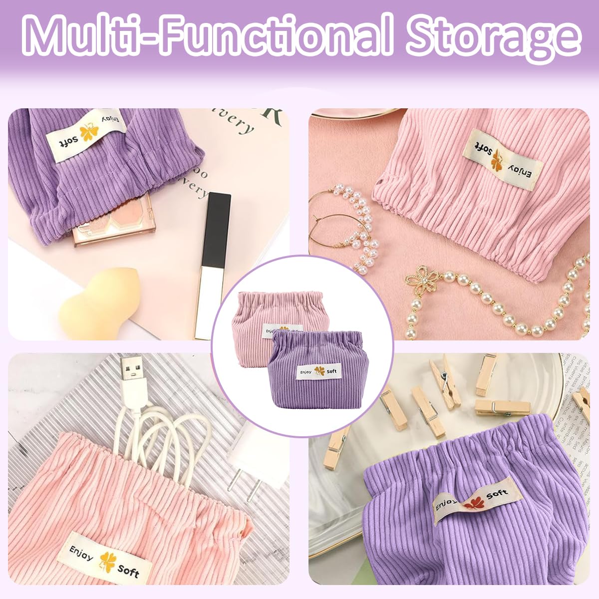 MAYCREATE 2pcs Small Makeup Pouch Lipstick Cosmetic Bag Corduroy Pouches for Women Storage Coin Pouch Travel Jewelry Organizer Bag - Self Closing (Pink & Purple)
