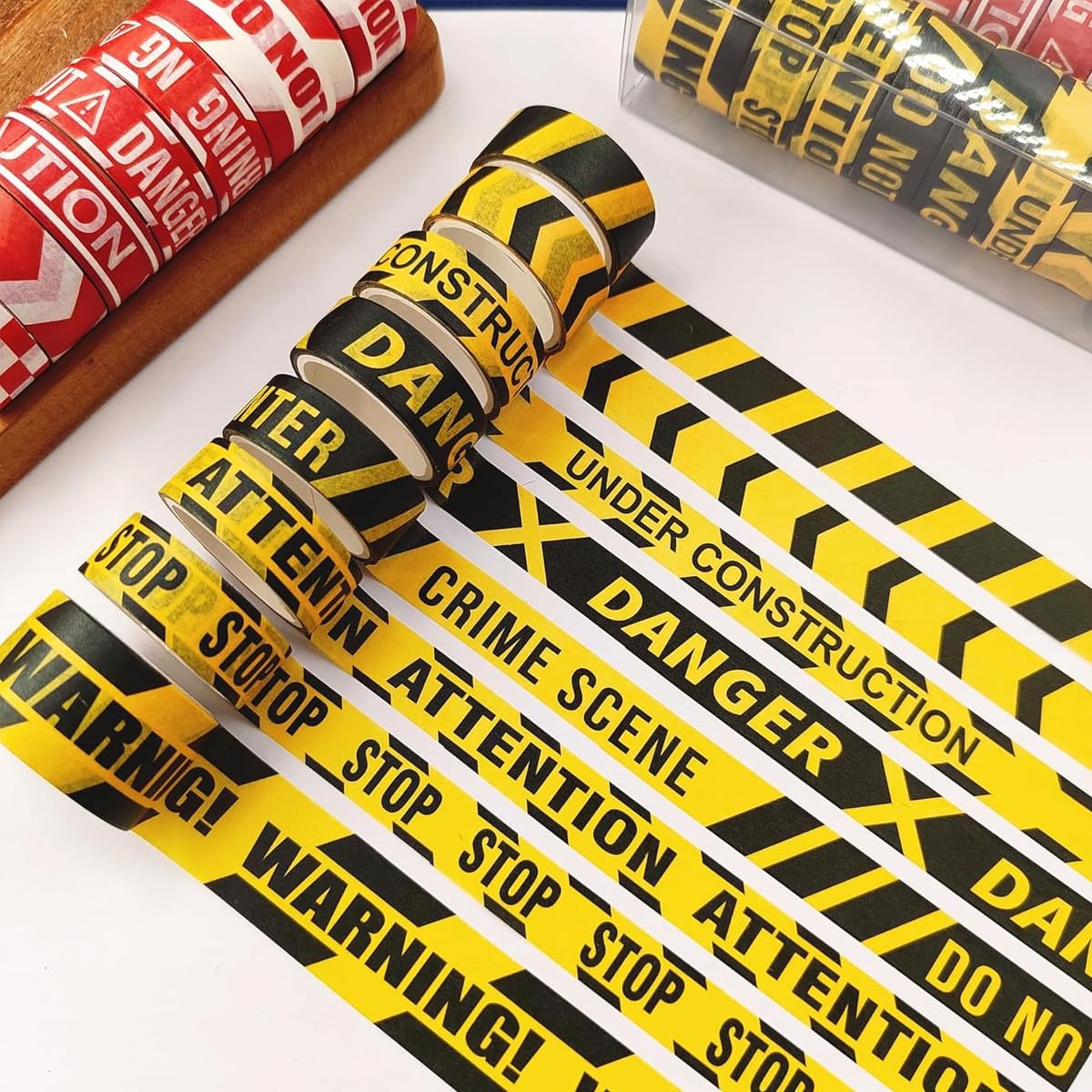 HASTHIP 16 Rolls Caution Line Washi Tape Set - 8 Unique Red & Yellow Warning Washi Tapes for DIY Crafts, Journals, Planners, Scrapbooks, and Wall Decoration