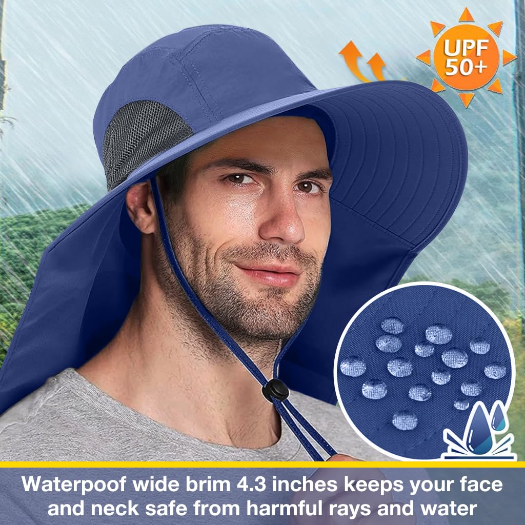 GUSTAVE Sun Hat for Men Fashion Wide Brim Hat UPF 50+ Sun Hats Men Neck Flap Design & Adjustable Windproof Chin Strap Sun Hat Unisex Sun Hat Breathable Sun Hat for Hiking, Fishing, Gardening, Navy