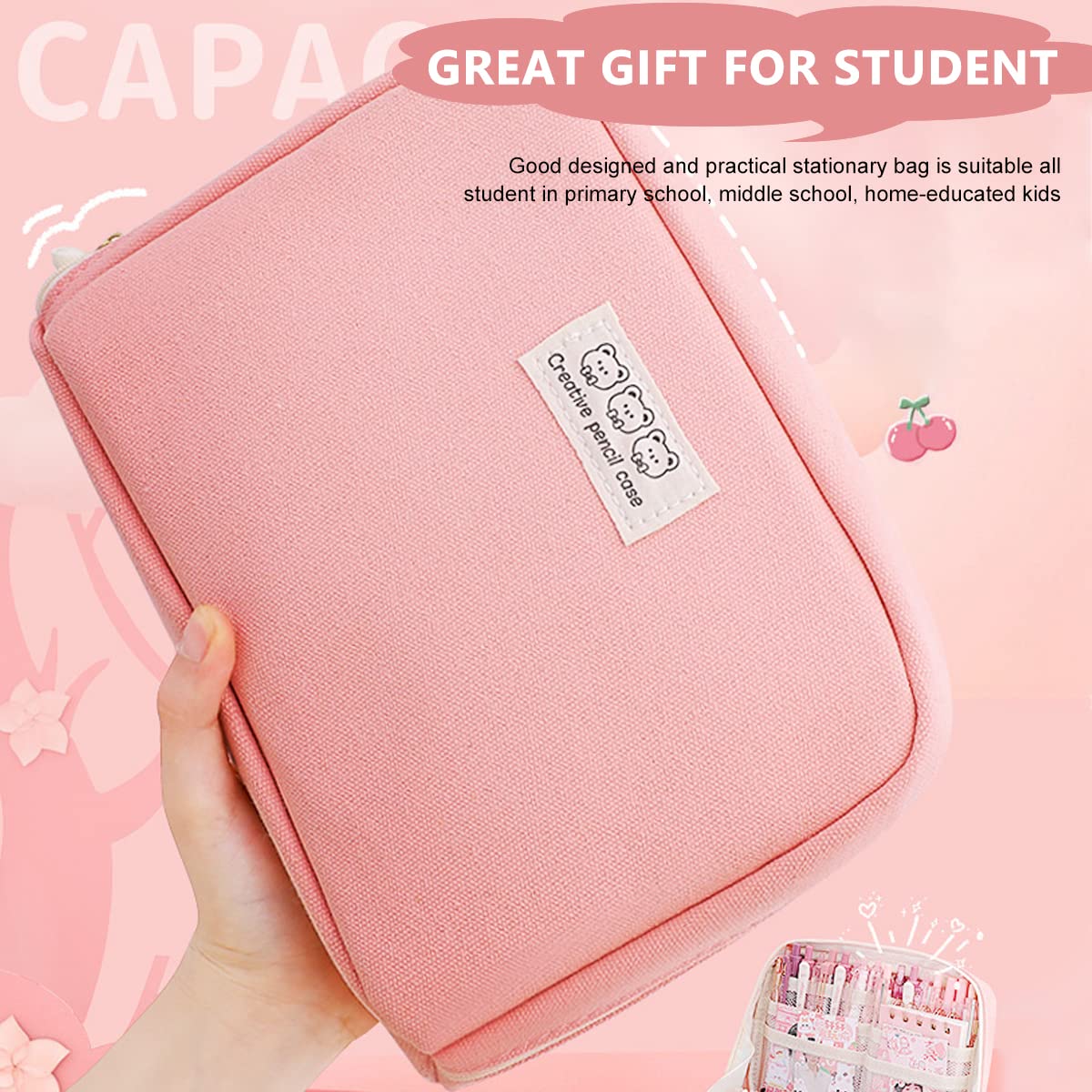 Climberty Large Capacity Pencil Case Pencil Pouch School Supplies, College Students Office Simple Stationery Pencil Holder Bag, Stationery Organizer Pencil Pouch for Boys Girls (Pink)