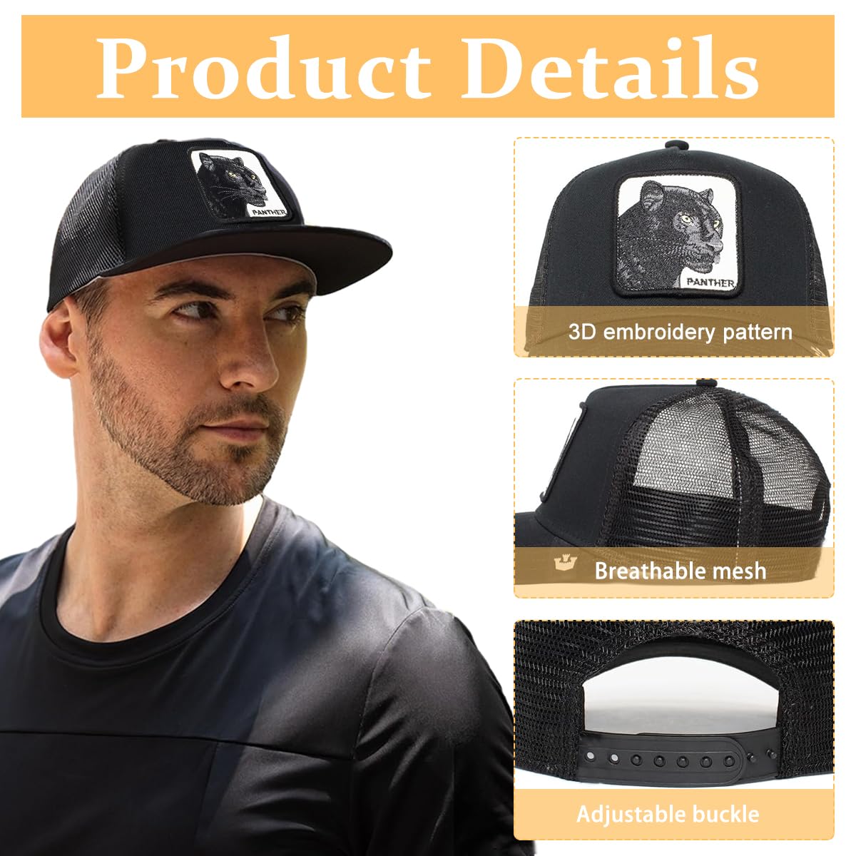 GUSTAVE Sport Baseball Cap, Breathable Men's Cap Fashion Hat Ultra Lightweight Wide Brim Cap Cricket Caps Running Cap Fashion Hip-hop Hat for Game Lover Black