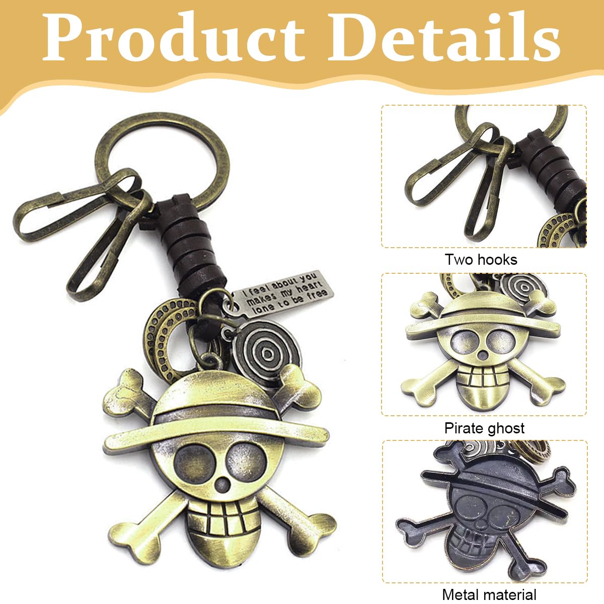 PATPAT One Piece Keychain with Snap Buckles Alloy Jolly Roger Key Chains for Bikes Antique Steampunk Monkey D. Luffy's Jolly Roger Pendent Keychain One Piece Merchandise Gift for Men