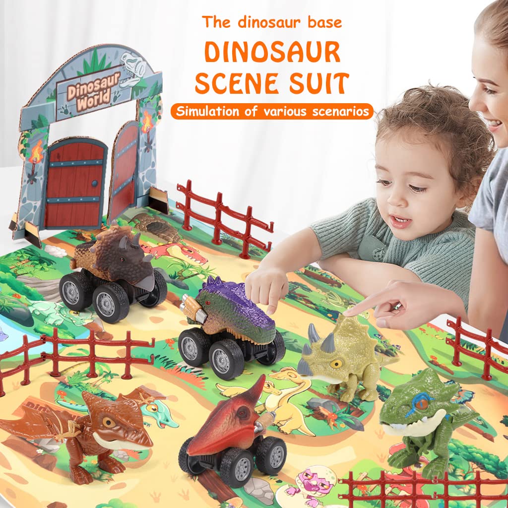 PATPAT Dinosaur Toys for Kids Dinosaur Car with Activity Play Mat, Dinosaur Figures Realistic Dinosaur Playset Pull Back Car Toys for Creating Dinosaur World Gifts for Kids Boys Girls 3-8 Years Old