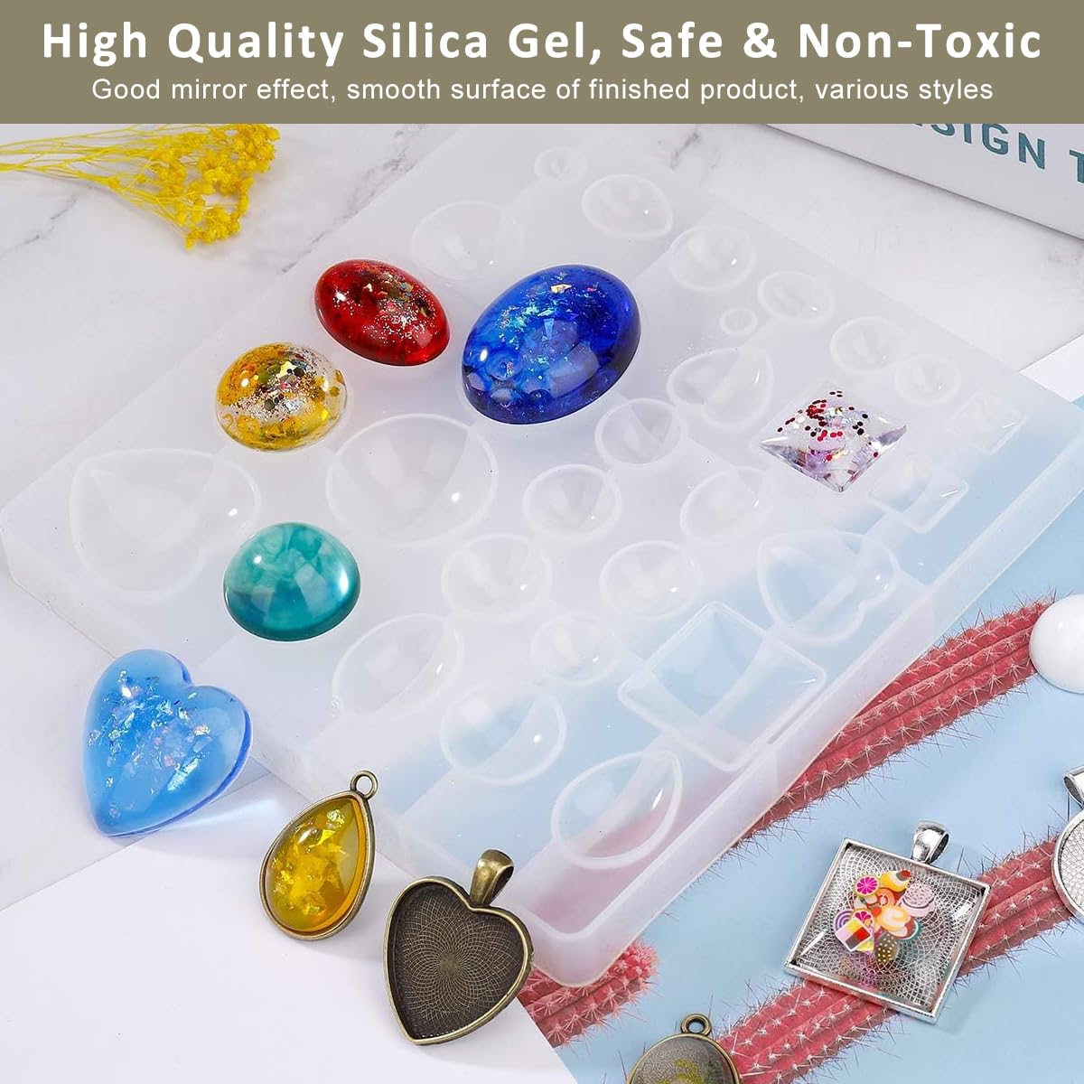 HASTHIP 35Pcs Resin Molds Set Pendant Trays DIY Jewelry Making Resin Molds Set, 7 Styles Metal Pendant Backs and 1 Pc Silicone Epoxy Jewelry Casting Molds for Pendant Crafting DIY Jewelry Gift Making