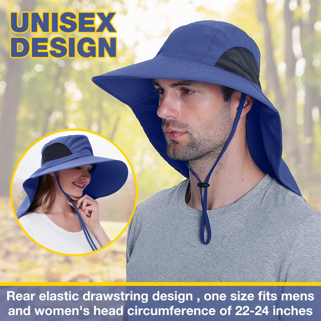 GUSTAVE Sun Hat for Men Fashion Wide Brim Hat UPF 50+ Sun Hats Men Neck Flap Design & Adjustable Windproof Chin Strap Sun Hat Unisex Sun Hat Breathable Sun Hat for Hiking, Fishing, Gardening, Navy