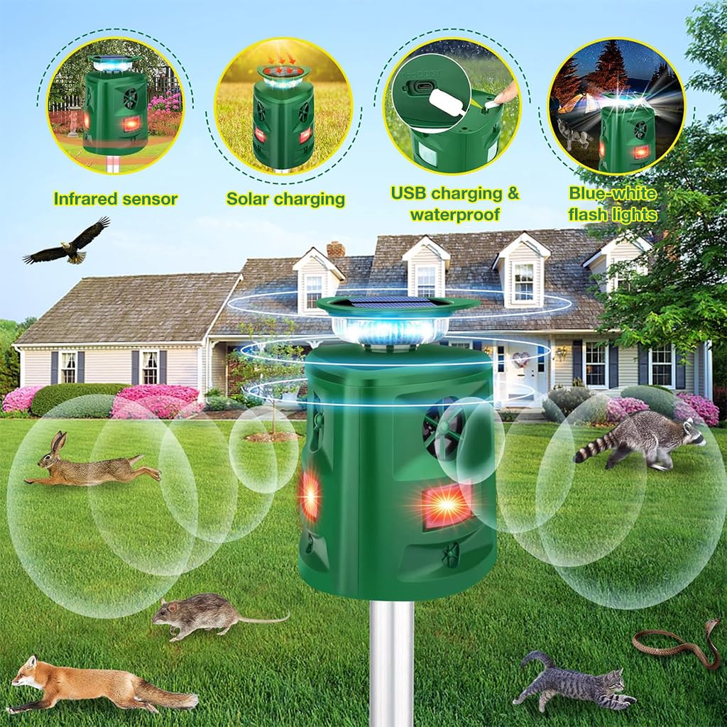 HASTHIP Solar Ultrasonic Animal Repeller with Motion Sensor 5 Modes Solar Animal Repeller with Flash Warn Light Weather Proof Solar Animal Repeller for Rodents, Birds, Small Animals