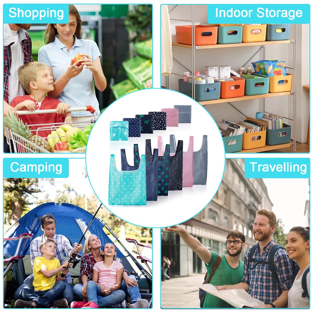 PALAY 6Pcs Shopping Bags Reuseable Grocery Bags Folding Pocket Grocery Bag Waterproof & Lightweight Fashion Print Oxford Cloth Grocery Bags