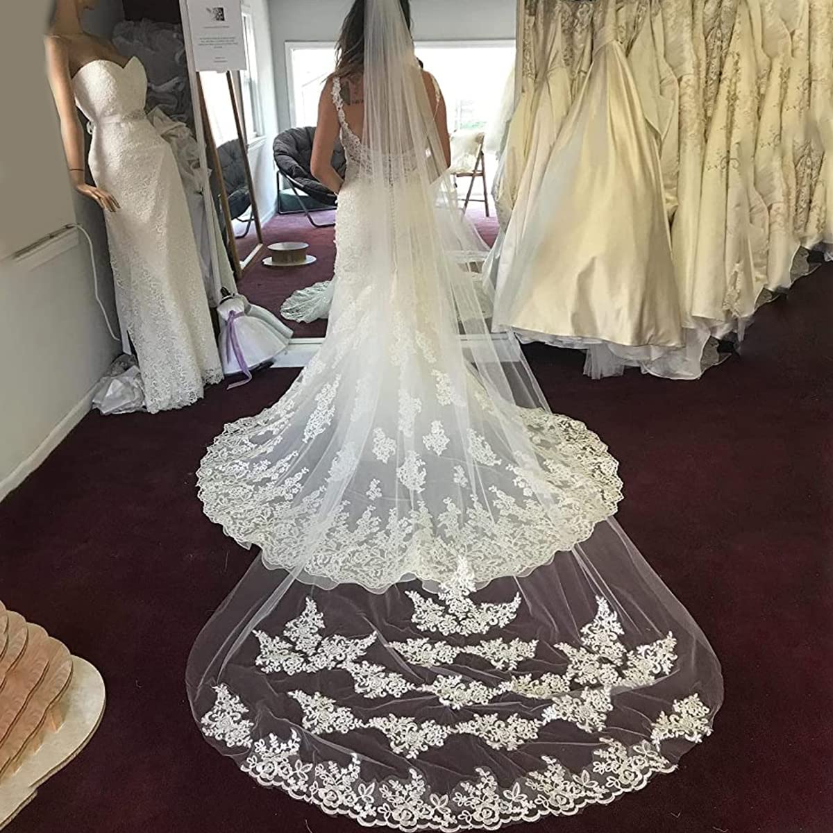 PALAY Bridal Veil 3m Wedding Veil for Bride White Lace Edge Long Cathedral Veil 1 Tier Drop Veil Bridal Tulle Hair Accessories