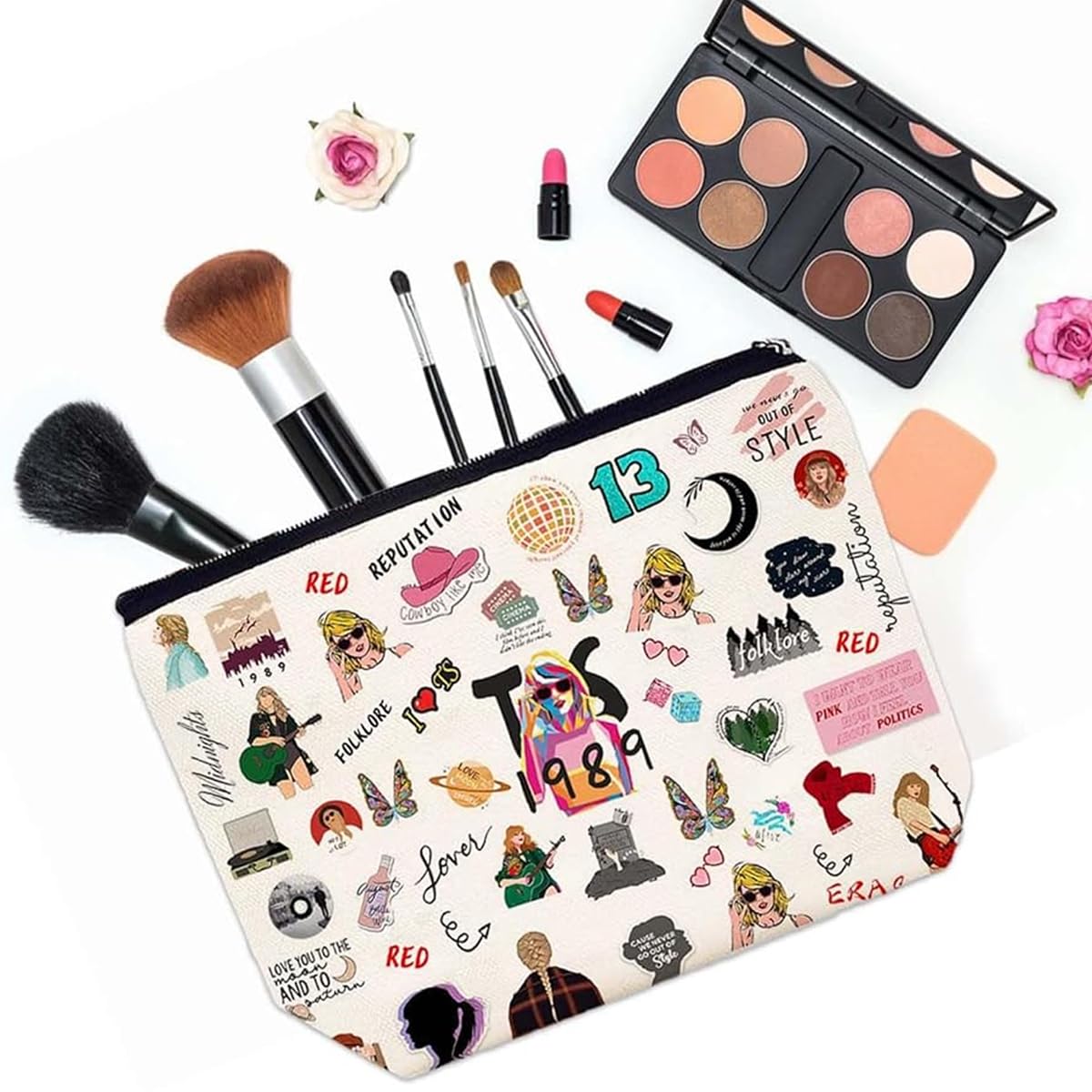 PALAY Makeup Bag Fashion Women Makup Pouch Toiletries Bag Linen Print Travel Makeup Organizer Zipper Pouch Cartoon Print Cosmetic Bag for Women Makeup Brush Bag(25x17cm)