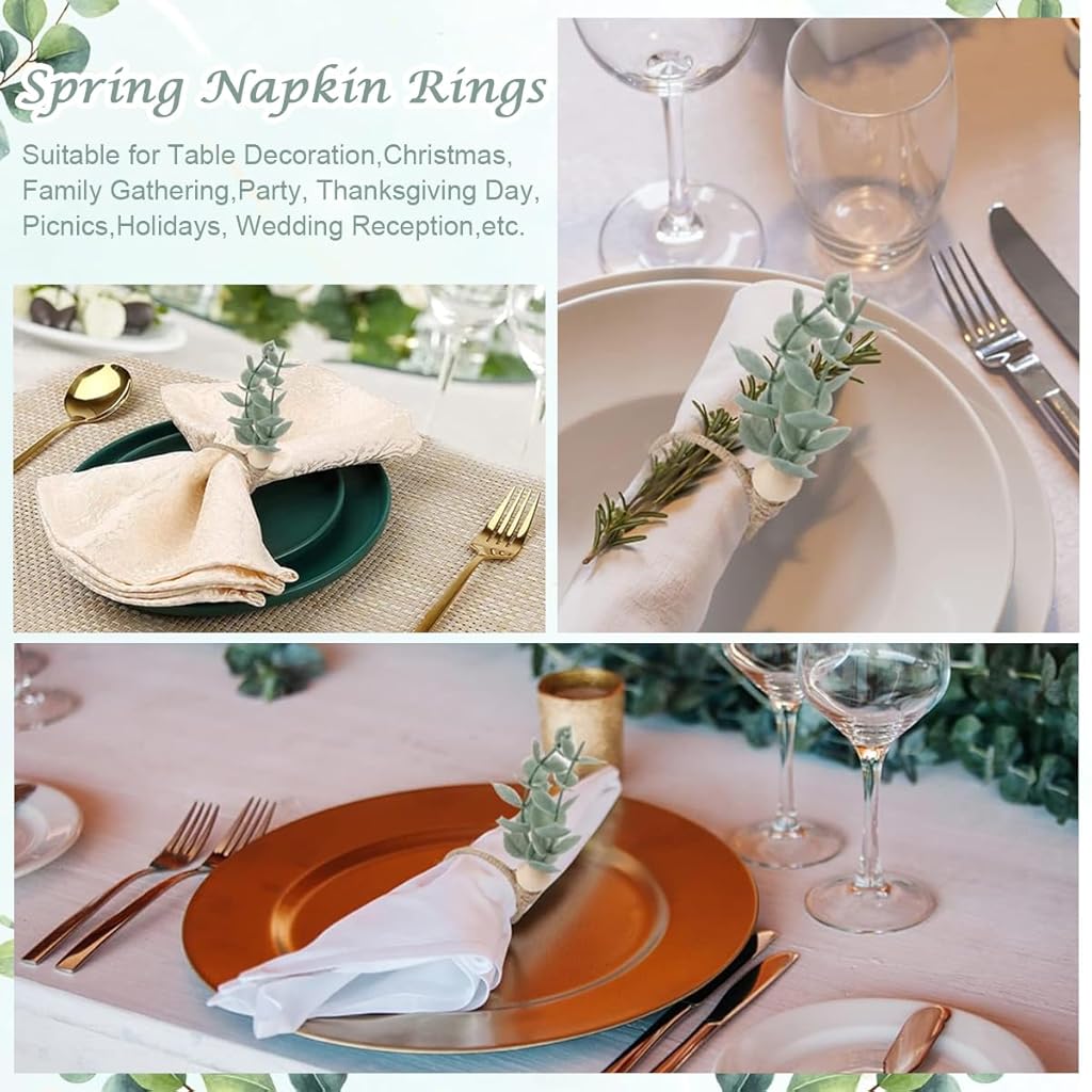 HASTHIP 6Pcs Napkin Rings Eucalyptus Leaf Hemp Rope Napkin Rings Rustic Style Napkin Rings Holder Decorative Table Napkin Rings for Festival, Wedding, Christmas