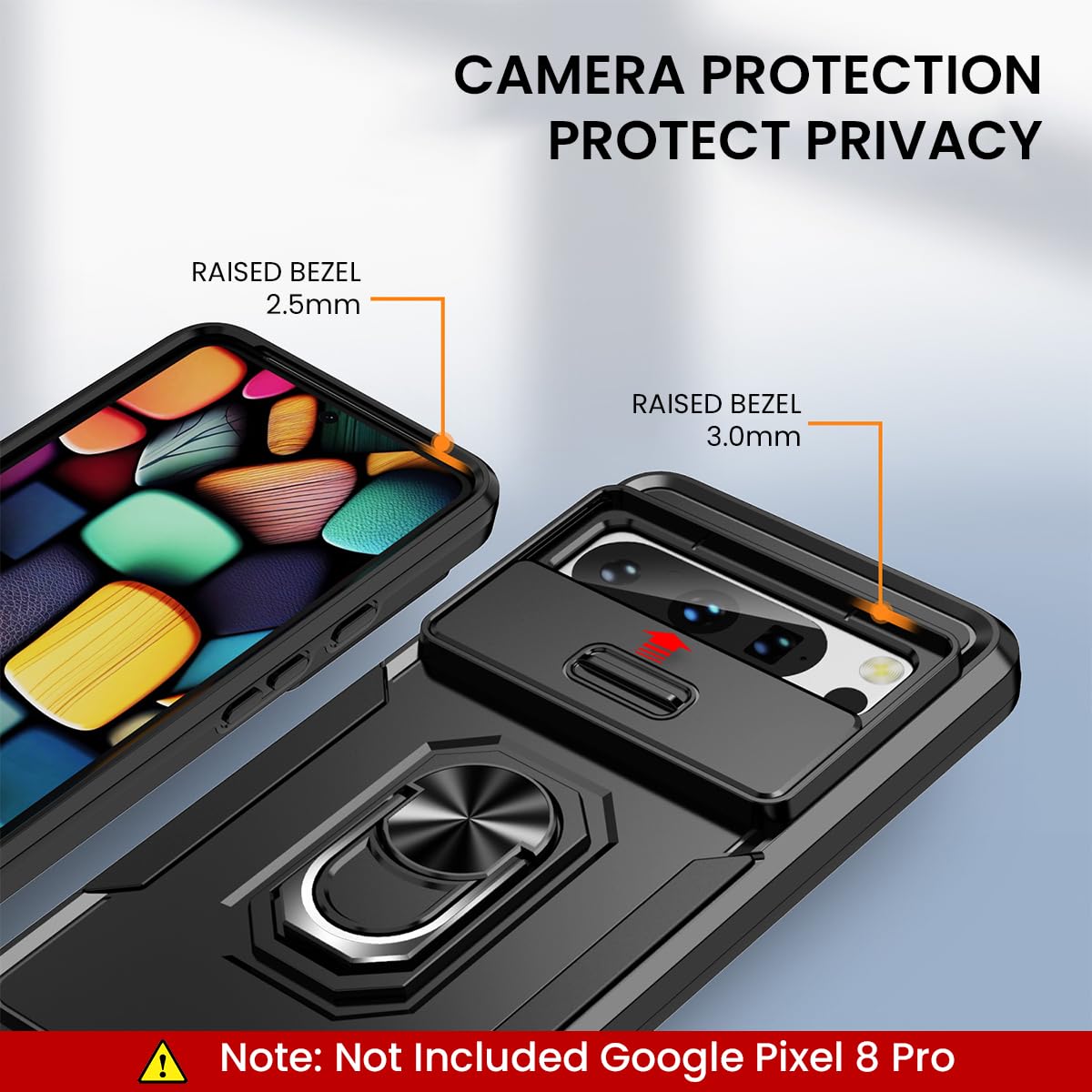 ZORBES Phone Case for Google Pixel 8 Pro 6.7'' Full Protection Phone Cover with Rotatable Kickstand Phone Grip & Sliding Camera Cover Anti-Scratch Phone Protective Case for Google Pixel 8 Pro Black