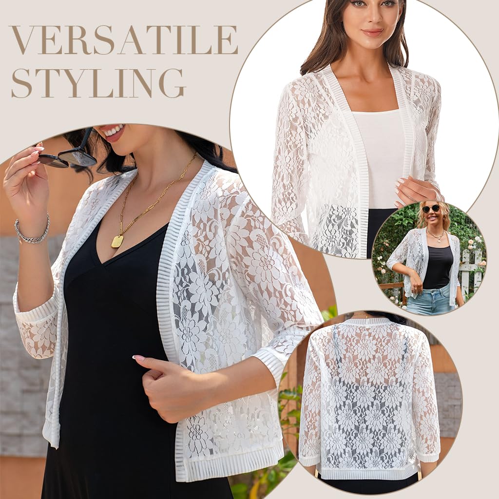 PALAY Womens Casual Summer Lace Cardigan Open Front 3/4 Sleeve Solid Crochet Bolero Jacket Lace Shrug Cover Up