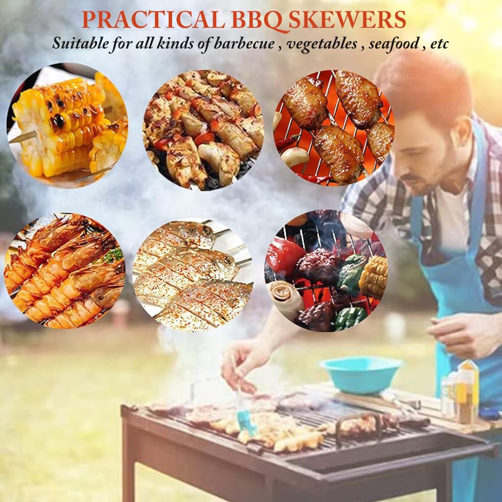 HASTHIP 10pcs Skewers for Grilling BBQ, 35cm Stainless Steel Kebab Skewers, Reusable BBQ Sticks for Vegetables, Meat, Chicken