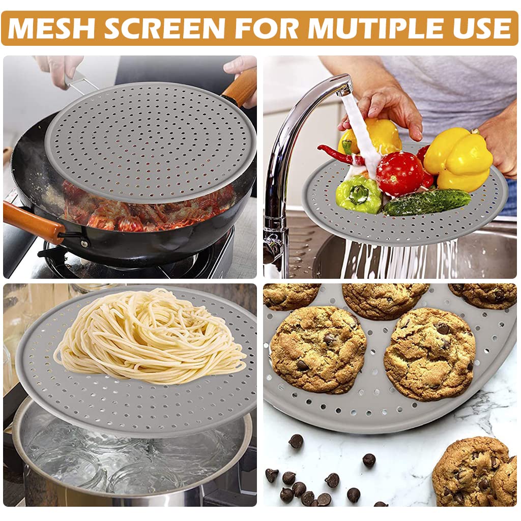HASTHIP 11inch Frying Pan Non-Stick Cover, Silicone Splatter Screen Pan Cover with Heat Insulation Handle, Heat Insulation Cooling Mat, Strainer, Drain Board, Oil Splash Guard for Frying Pan