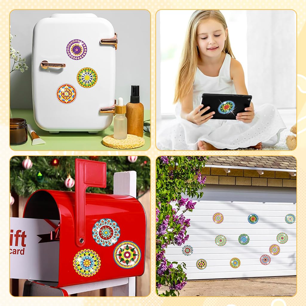 HASTHIP DIY Diamond Painting Art Kit Set of 12 Sparkling Mandala Style Color Diamond Fridge Magnets Home Decor Stylish DIY Diamond Painting Fridge Magnets with Tools DIY Gift