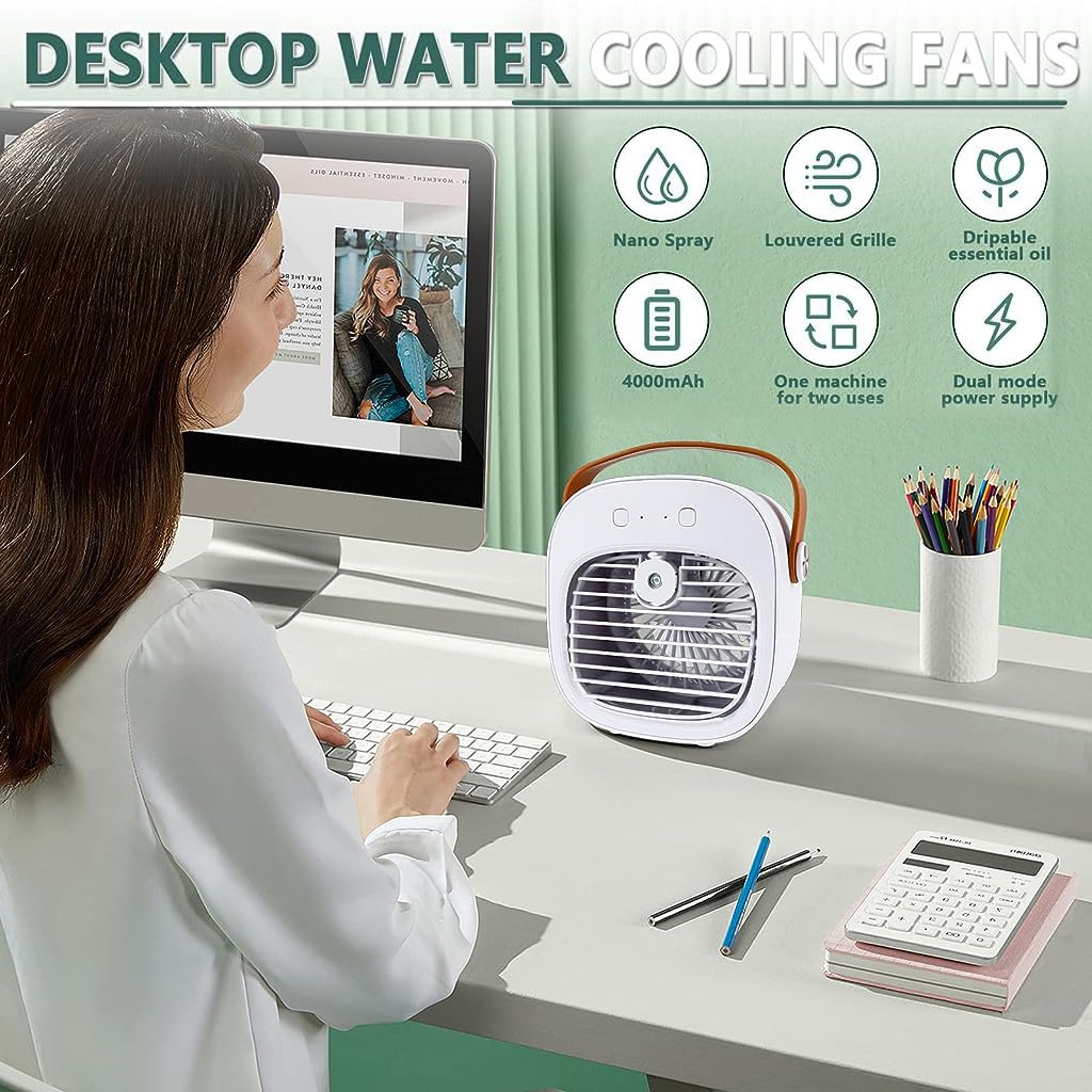 HASTHIP Mini Air Cooler with 128ml Water Tank, 4000mAh Portable Air Conditioner, Small Evaporative Coolers with Handle/Humidifier/ 3 Speeds Desktop Ice Cube Cooling Fan for Travel, Office and Bedroom