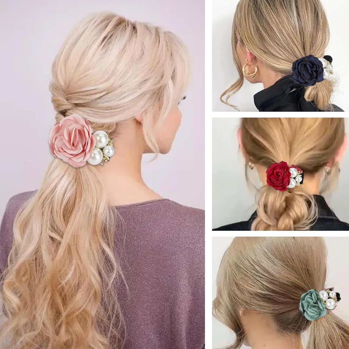 PALAY 4pcs Hair Scrunchies for Women Rose Flower Hair Ties Rope Handmade Pearl Hair Elastics Bun Accessories Elastic Ponytail Holder Gift for Girls