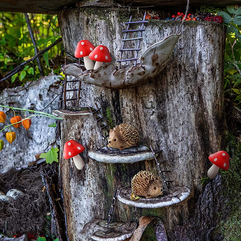 HASTHIP 6PCS Fairy Outdoor Garden Animals Figurines Outdoor Fairy Wild Garden Accessories Resin Hedgehogs and Wood Mushroom Miniature Garden for Plant Pots Bonsai Craft Decor Fairy Wild Garden