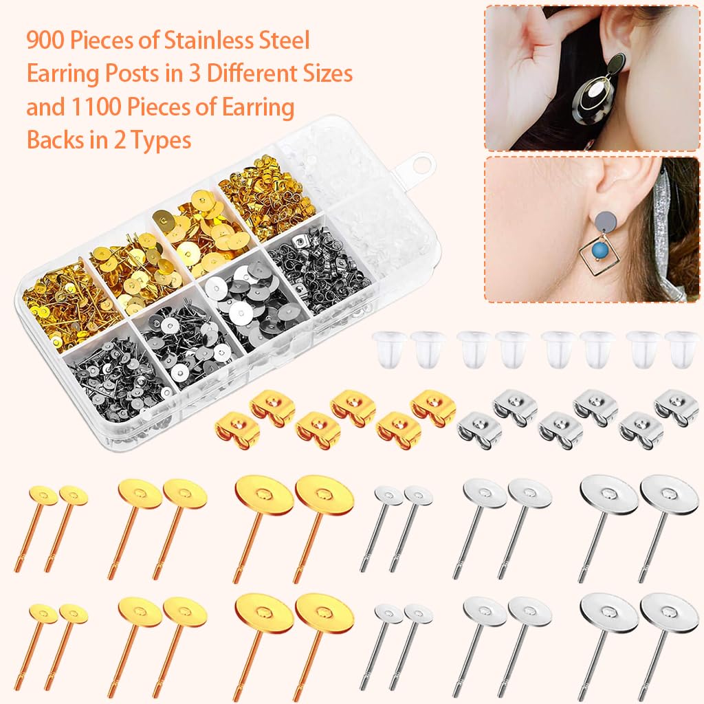 MAYCREATE 2000 Pieces DIY Earring Posts and Backs Golden and Silver Earring Posts and Backs Kit with 3 Sizes Stainless Steel Round Ear Stud Backs, Rubber Ear Stud Stoppers, Butterfly Earring Backs