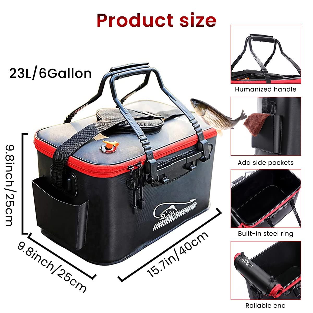 Proberos 23L Fishing Bucket with Lift Handle, Foldable Fish Bucket, Live Fish Container, Multi-Functional EVA Fishing Bag for Outdoor, Live Fish Lures Bucket and Fish Protection Bucket (Black)