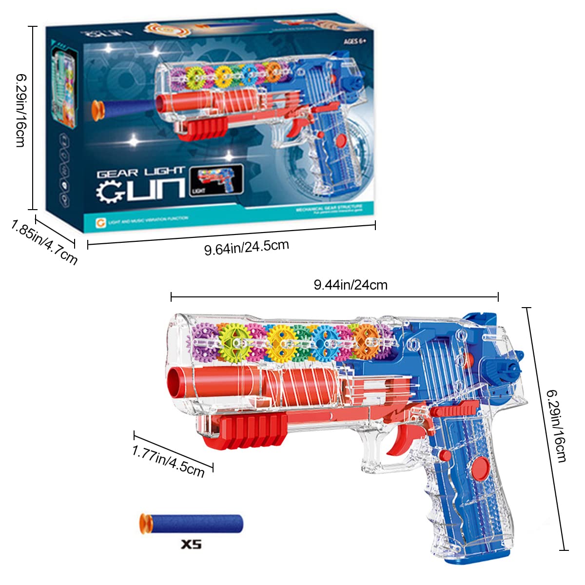 PATPAT Musical Toys for Kids,Transparent 3D Gear Simulation Mechanical Gun Toys with 5pcs Soft Ammunition,LED Flashing Lights and Sound Toys for Kids Boys Girls,Birthday Christmas Gift - Blue