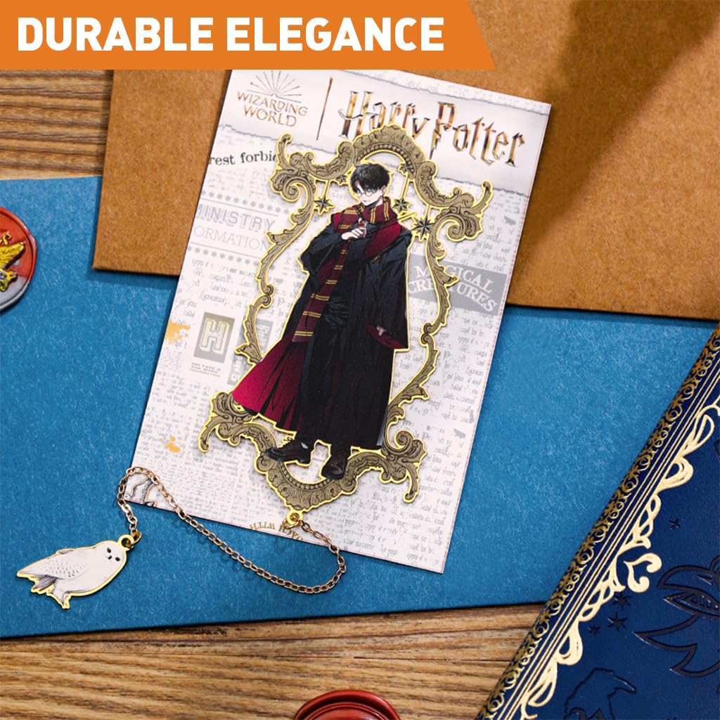 Climberty Enchanted Wizarding World-Themed Metal Bookmark with Chain & Owl Charm, Gold Finish Anime Cartoon Figure, Perfect Reader Gift for Fans & Students, Slim Design, Ideal for Book Lovers