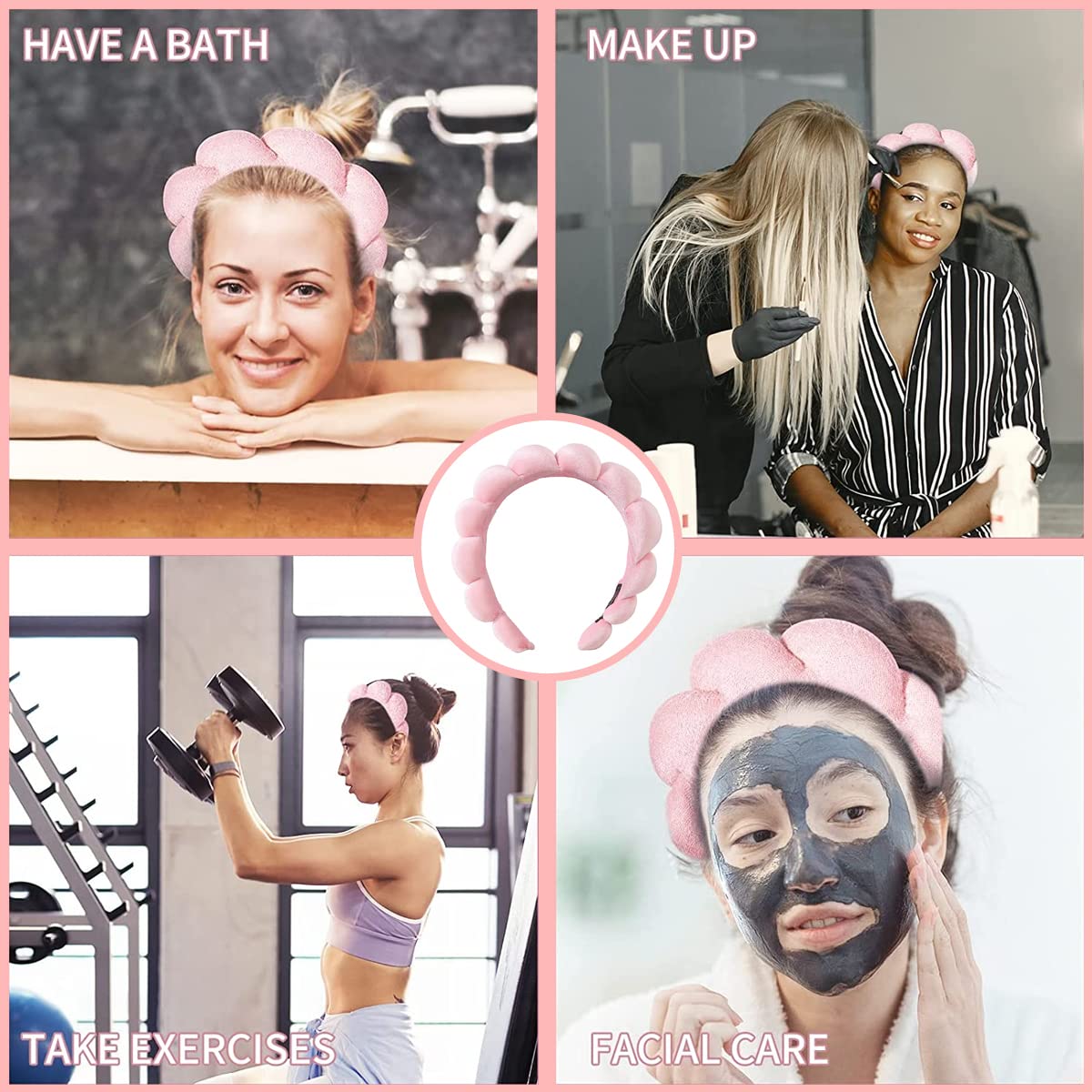 MAYCREATE Spa Headband for Women Girls, Soft Sponge Makeup Headband, Fashion Clouds Hairband Non Slip Hair Hoop Headwear for Washing Face, Shower, Skincare - Pink