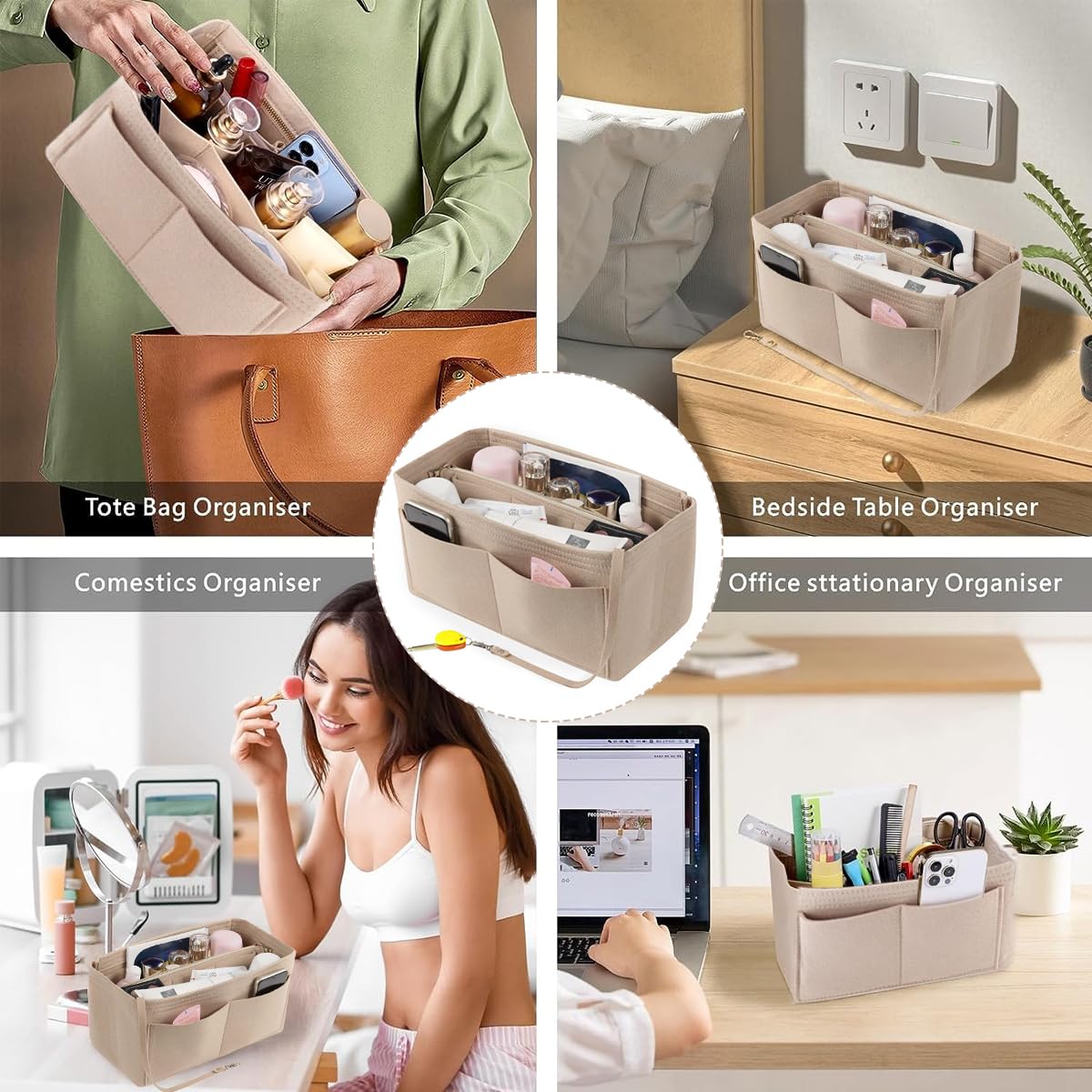 MAYCREATE Women Felt Purse Organizer Insert for Handbag, Felt Bag organizer with zipper for Handbag Tote Bag Storage Purse Divider, Beige