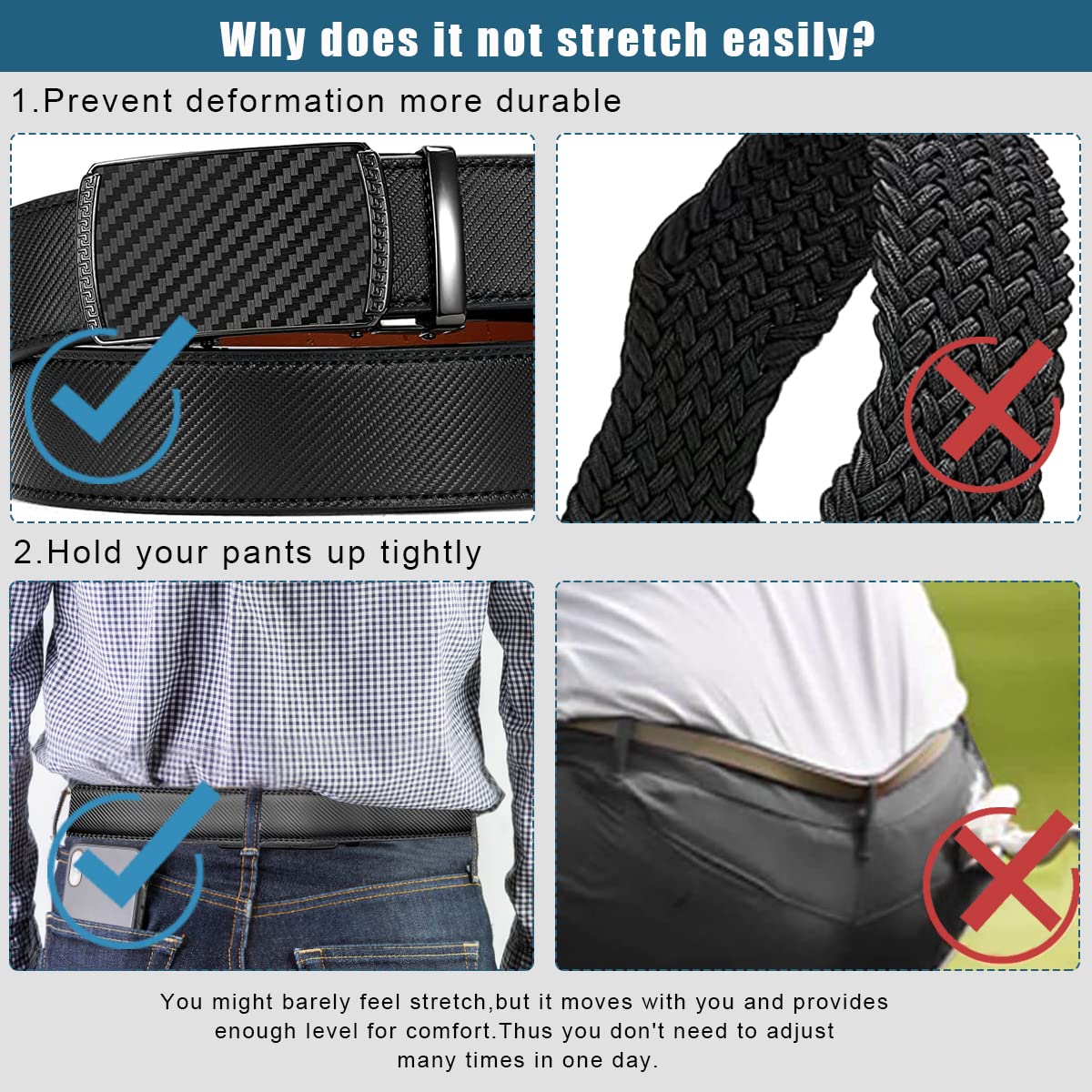 GUSTAVE Belts for Men Black Slim Leather Belt for Men Fashion Texture Slide Waist Belt Automatic Buckle Belt for Formal or Casual - 130cm Length, Free Adjustable, No Belt Hole