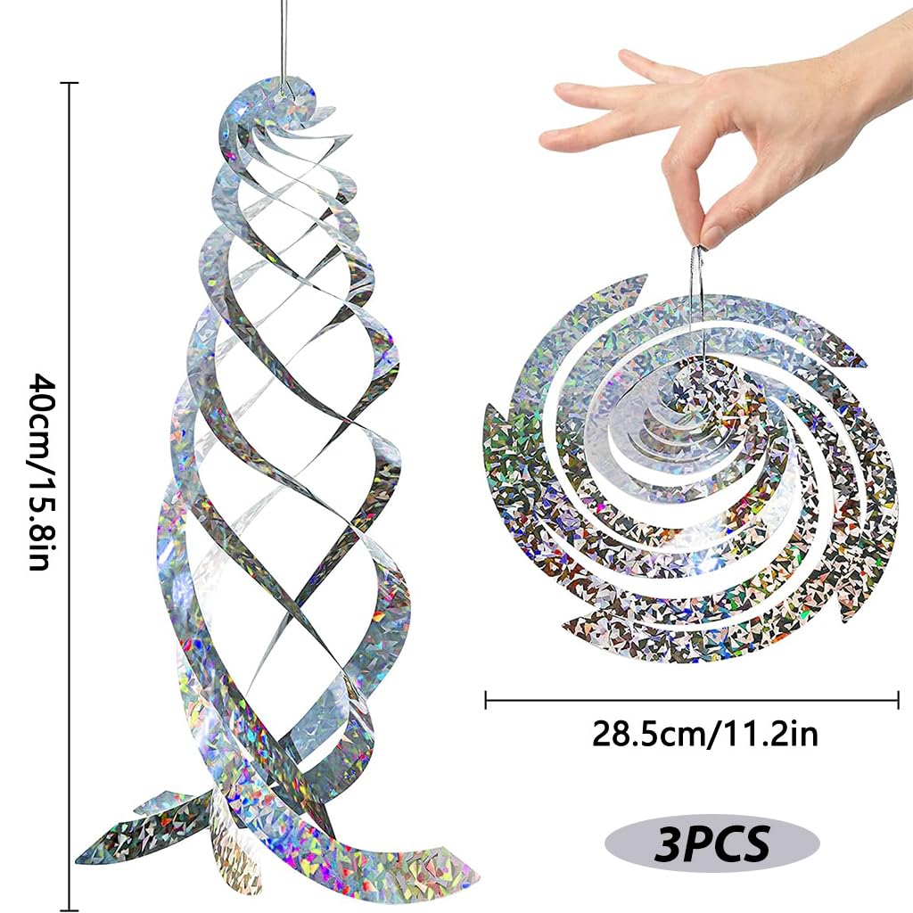 Optifit 3Pcs 40cm Bird Repellent for Balcony, Silver Reflective Spiral Disk Pigeon Scarer, Ornamental Spiral Deterrent Control Device for Roof Edge, Fence