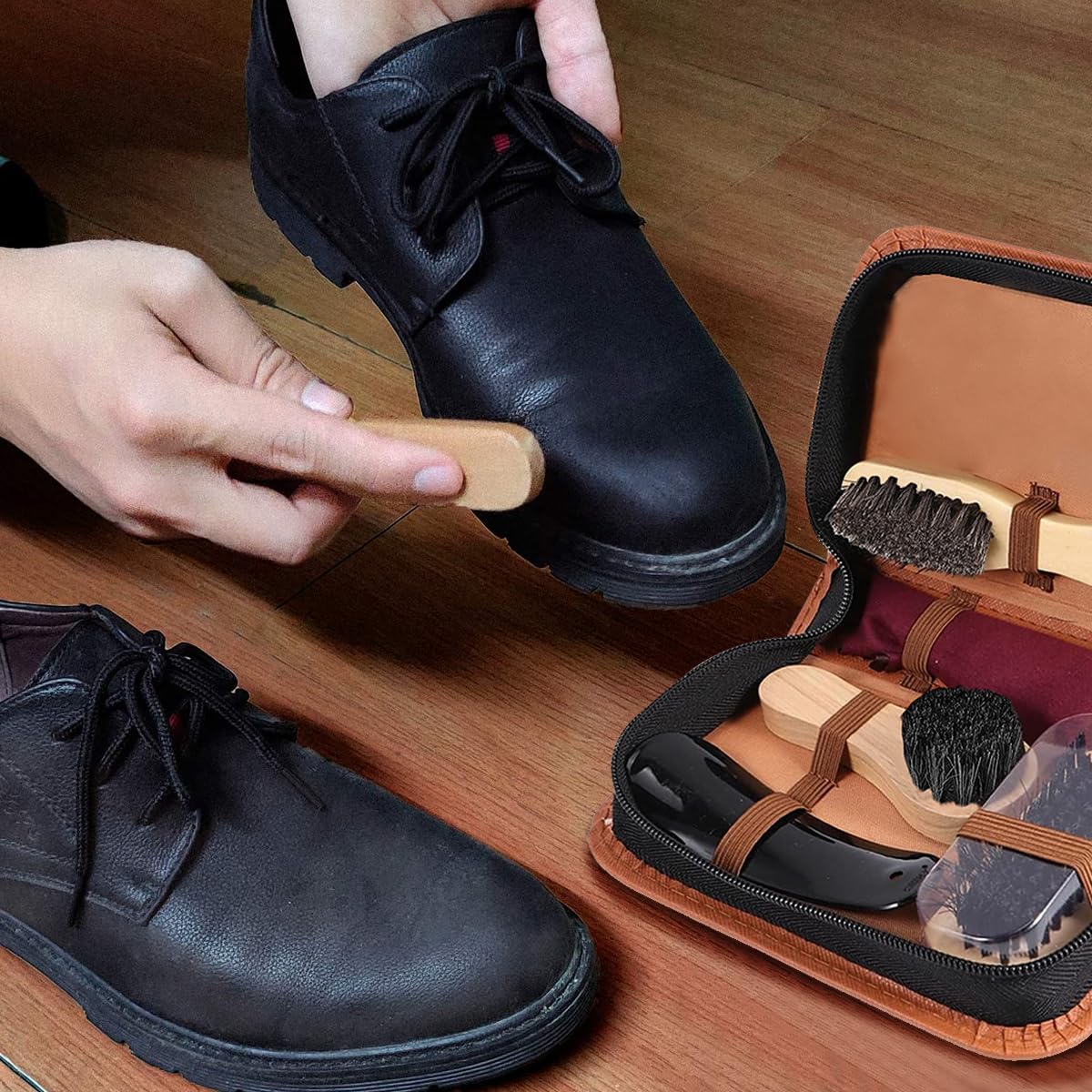 HASTHIP Shoe Care Kit, Shoe Shine Care Kit Neutral Polish Brush Leather Shoes Boots Sneaker Shining Tool Kit with Shoe Brush, Poish Sponge, 2 Shoe Polish(Black & Natural), Shoehorn