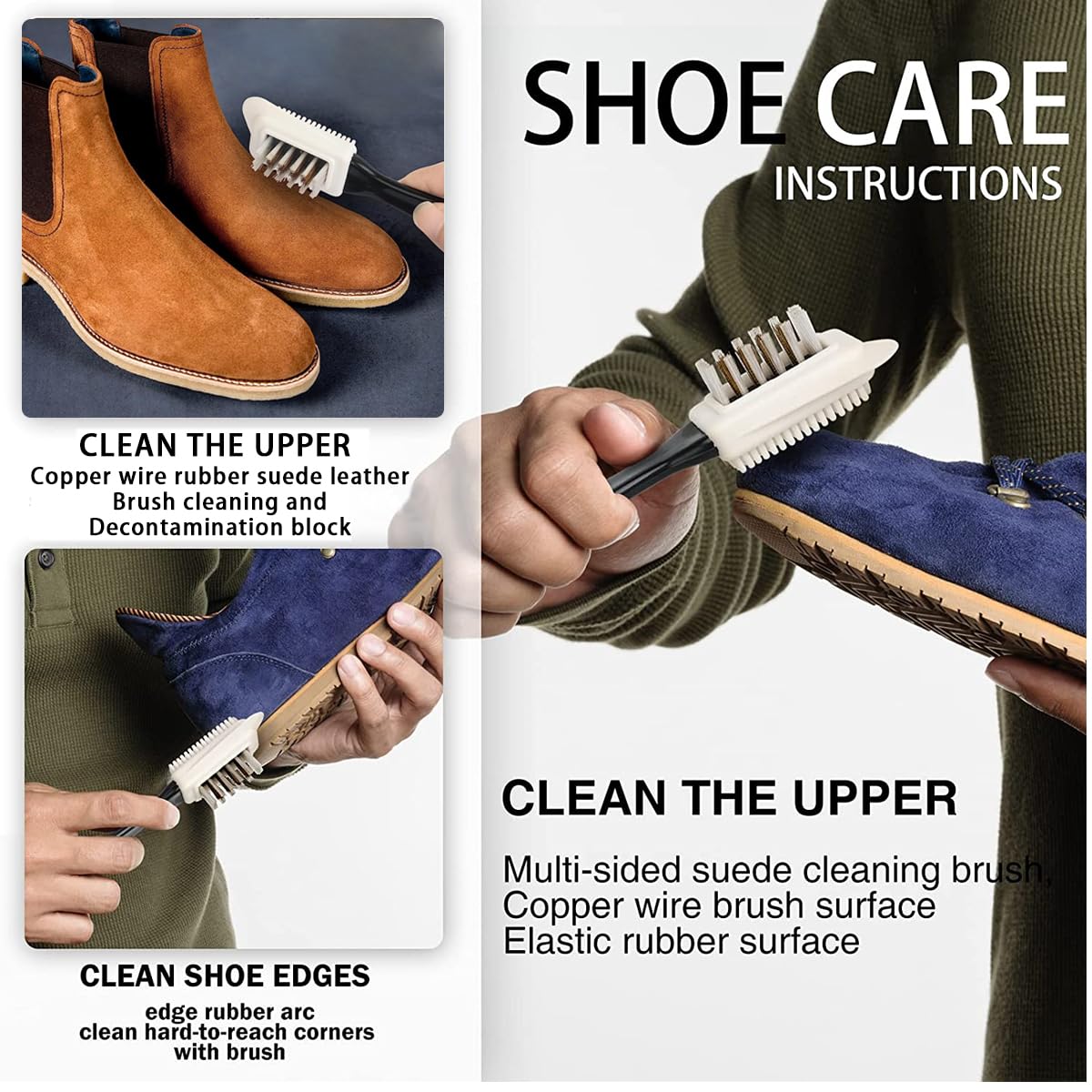 HASTHIP 3 in 1 Suede Shoe Cleaner Brush, Cleaner for Suede Boots, Cleaning & Refreshing Brush for Suede Leather Products with Brass & Nylon Bristles