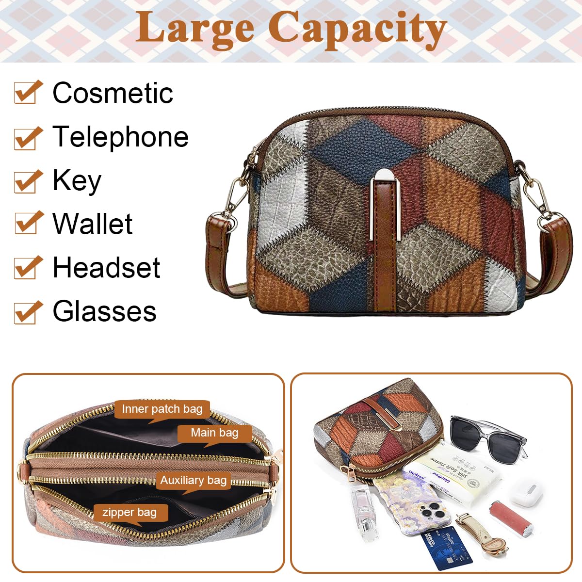 PALAY Mini Colorblock Crossbody Bag, Retro Rhombus Pattern Purse, Fashion Shoulder Bag