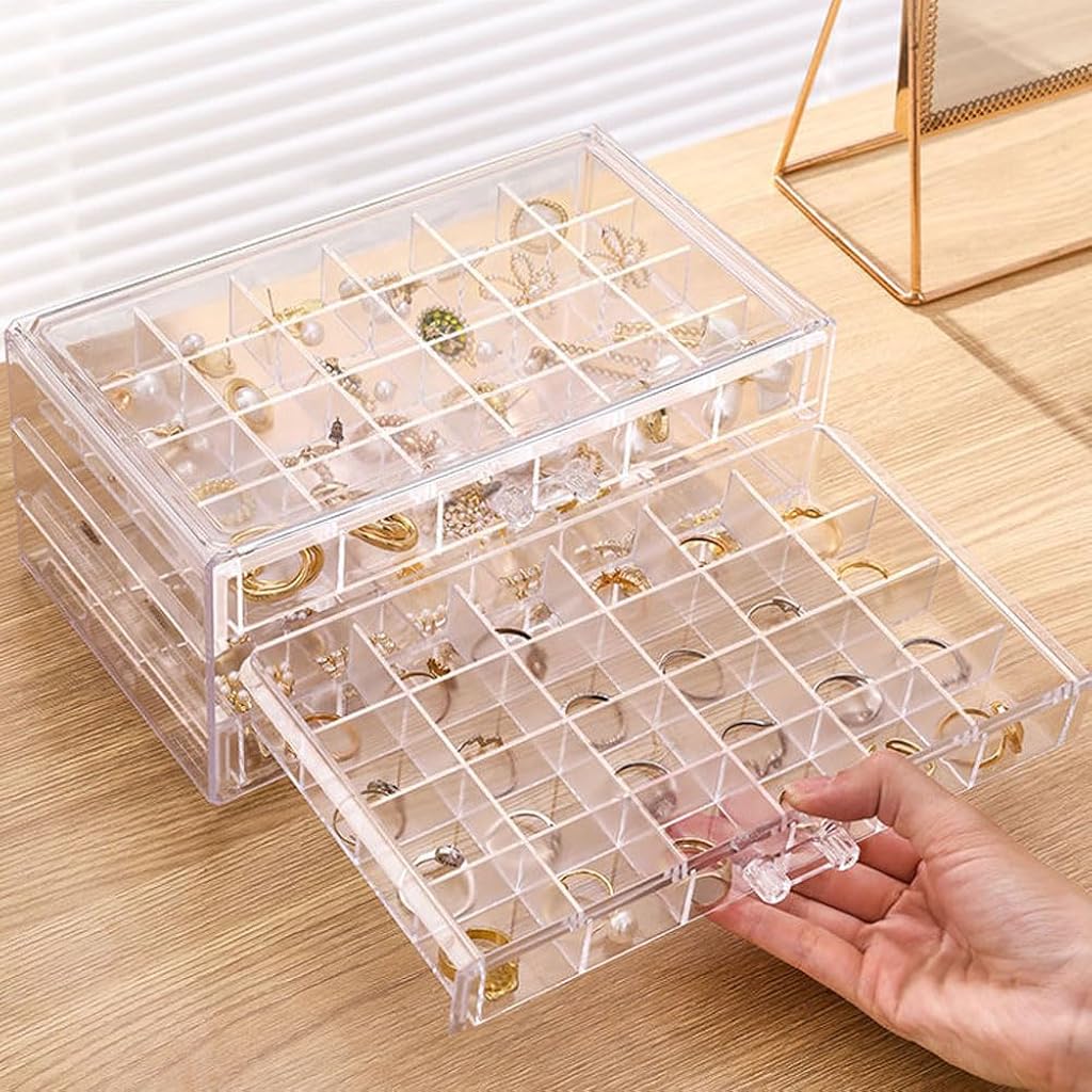 HASTHIP® Jewelry Organizer Box,72-Compartment Stepped Triple-tier Clear Acrylic Jewelry Organizer Box,Pull Out Design Dainty Storage Case for Earring Ear Studs Slim Necklace Valuables