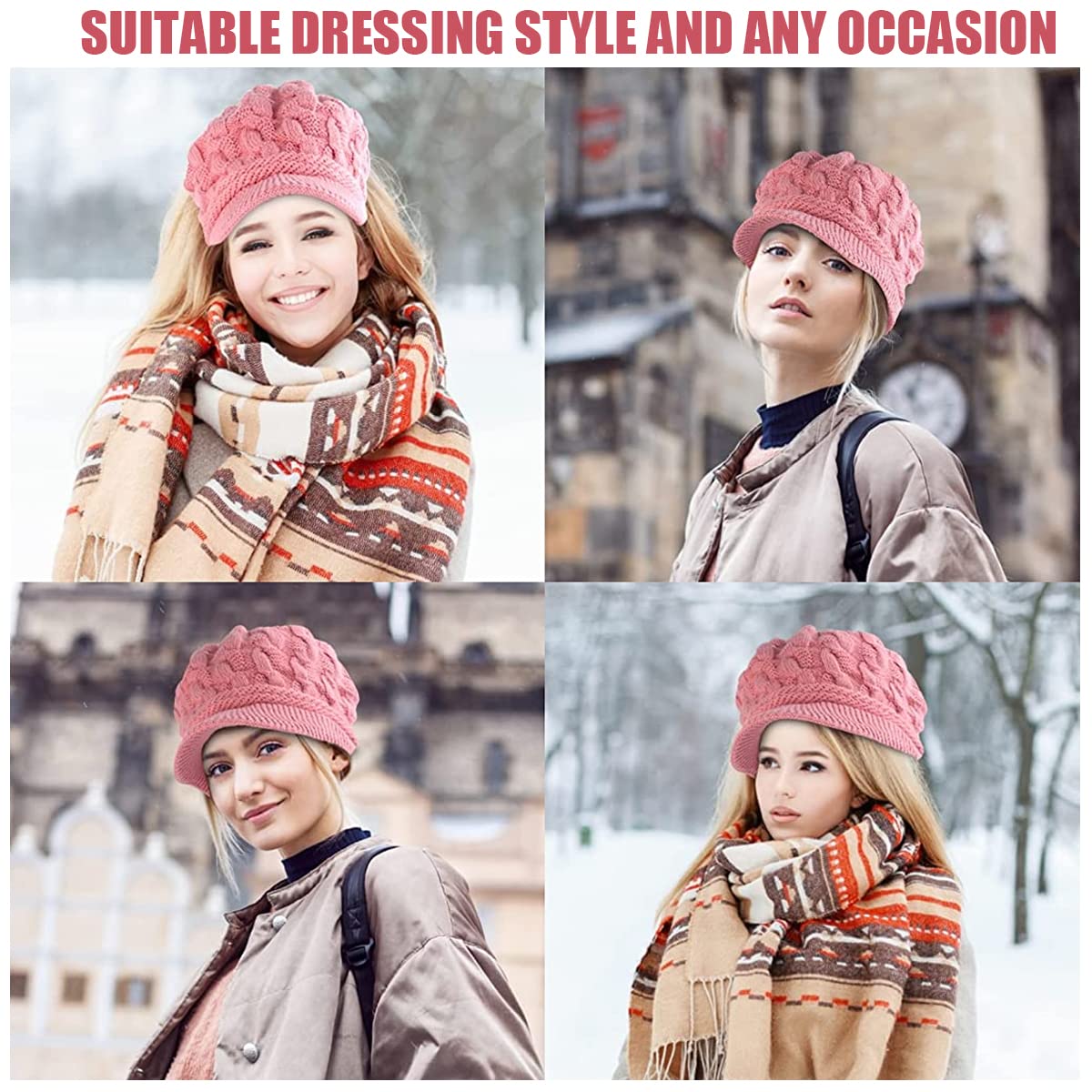 PALAY Winter Cap for Women Stylish Knitted Beret Cap Fleece Lined Wide Brim Beret for Women Warm Hat for Girl Ladies Pink