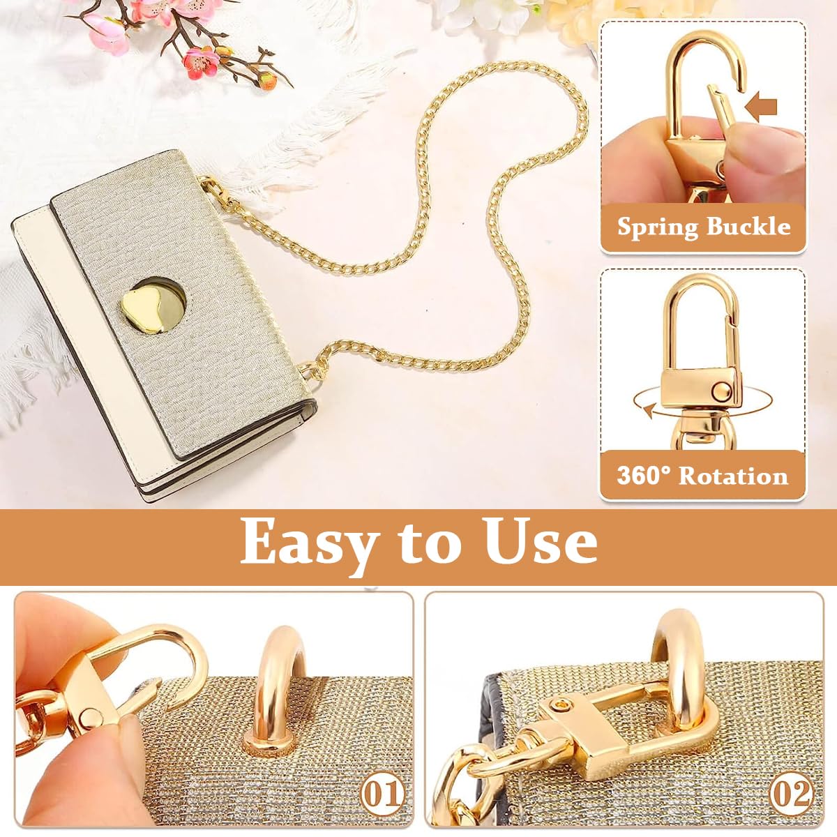 PALAY 5pcs Iron Flat Purse Chain Gold Crossbody Bag Straps Shoulder Belt Wallet Chain Extender Replacement Accessories for Purses Handbags DIY, with Metal Buckles - 5 Sizes