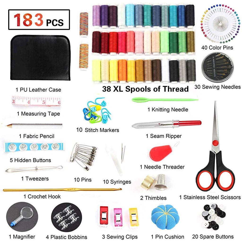HASTHIP 183PCS Handy Sewing Kit Bundle with with 38 XL Thread, All-in-One Portable Sewing Kit with Scissors Thread Needles Tape Measure Carrying Case and Accessories