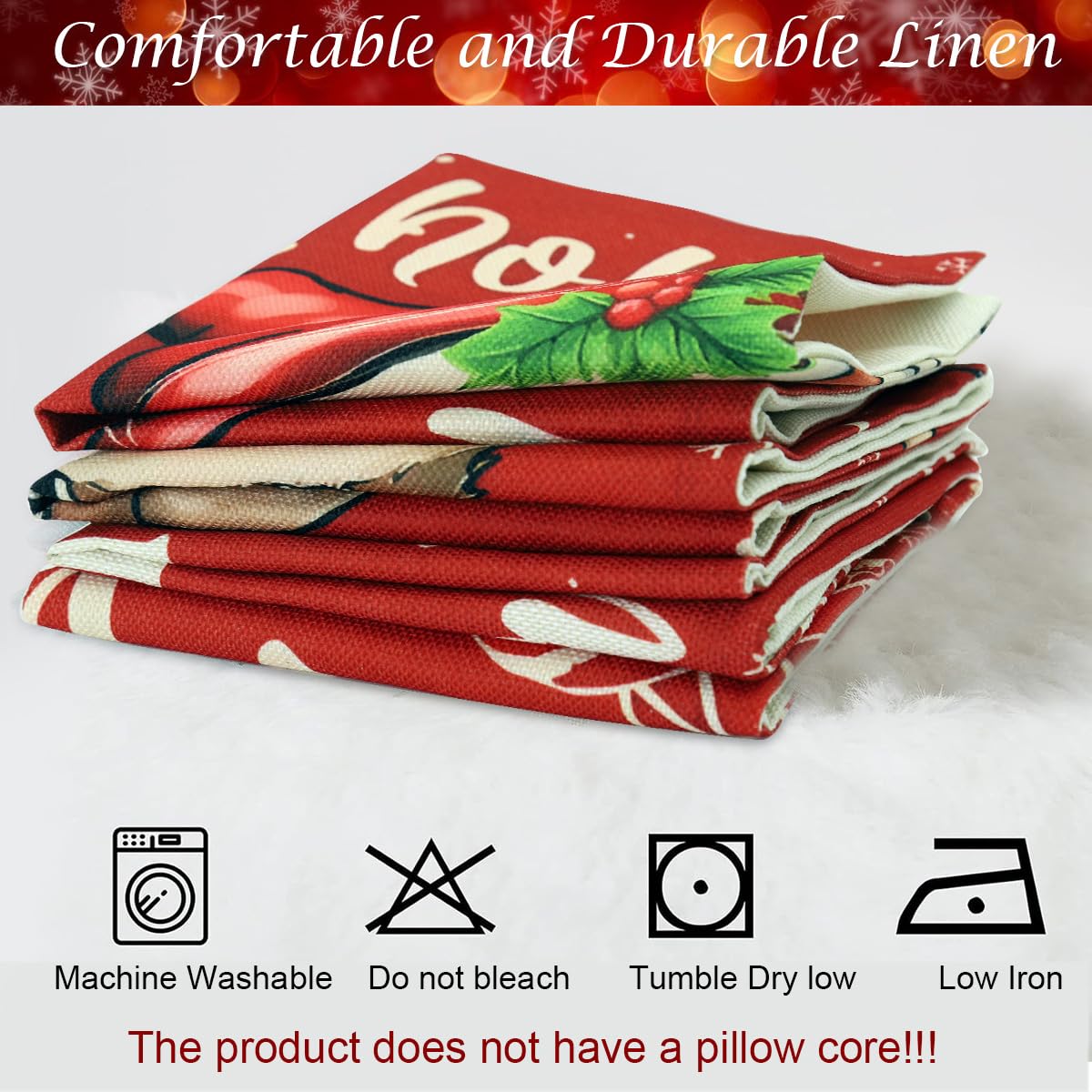 HASTHIP® 4Pcs Christmas Square Pillow Covers 15.7 inches Red Square Linen Printed Pillow Cover Classic Christmas Sofa Pillow Covers Square Pillow Covers for Christmas