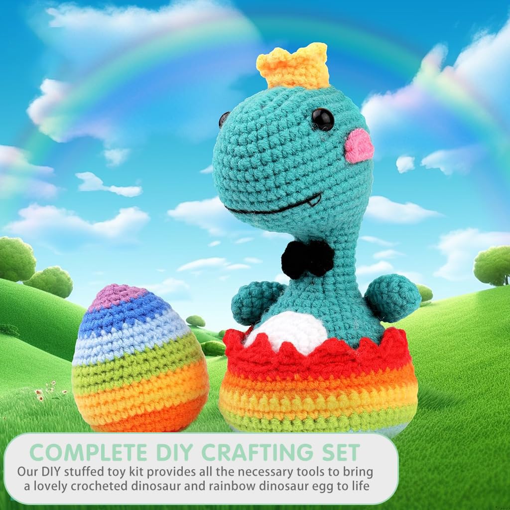 HASTHIP Crochet Stuffed Animal Kit Crochet Kit for Beginners Knitting Kit Full Set Crochet Starter Kit with Yarn, Polyester Fiber, Crochet Hooks, Tutorial Video, DIY Gift Friends (Rainbow Dinosaur)