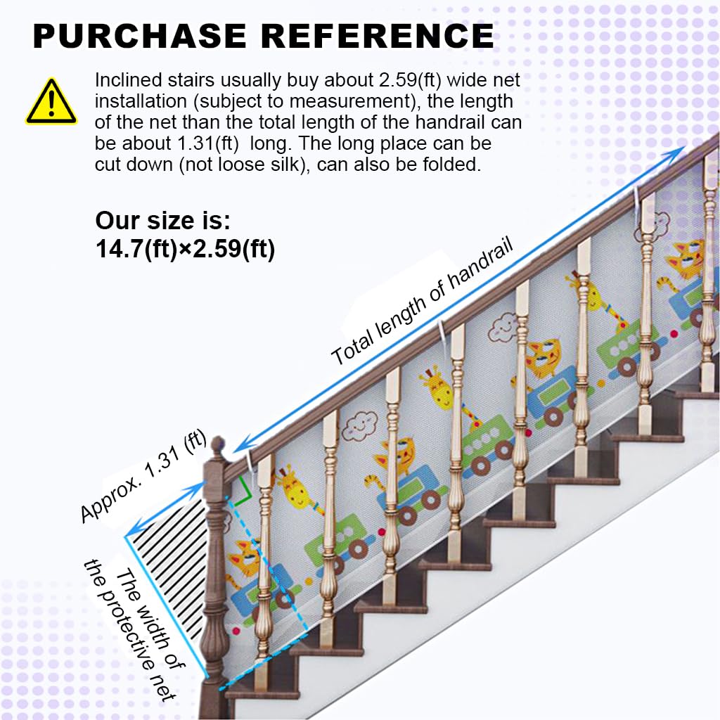 SNOWIE SOFT Baby Safety Net Banister Guards Stairway Rail Net Thicken Polyester 14.7 ft Long 31 Inches High Stairway Baby Guards with 55 Nylon Zip Ties Ropes Safety Net for Stairway, Balcony