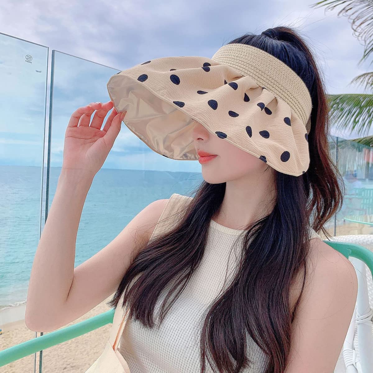 PALAY Sun Hats for Women Stylish Wide Brim Sun Caps for Women Casual Beach Hat Dots Pattern Ponytail Sun Visor Travel Summer Hats - Packable & Foldable Brown