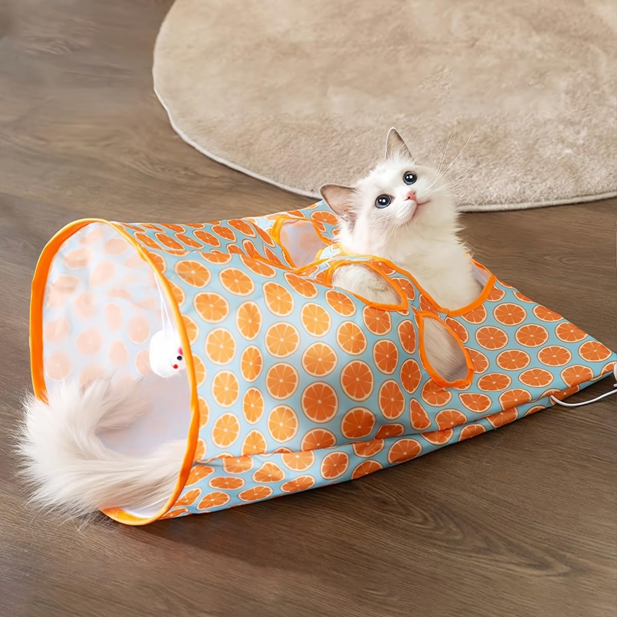 Qpets Cat Hiding Toy Cat Tunnel Bag Indoor Interactive Print Tunnel Bag with Plush Toy Hiding Training Toy for Kittens