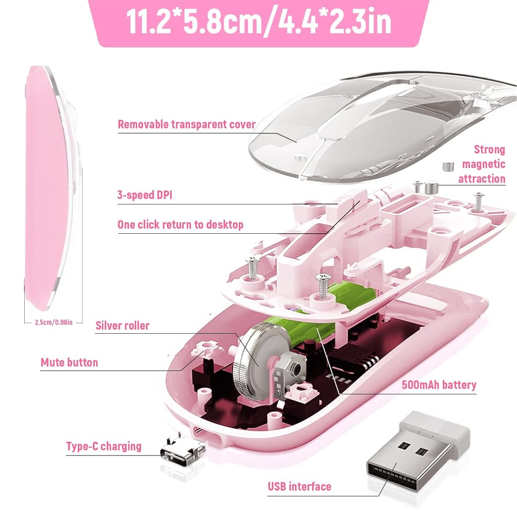 Verilux Transparent Wireless Mouse, Rechargeable Dual Modes 2.4G & 5.1 Bluetooth Mouse