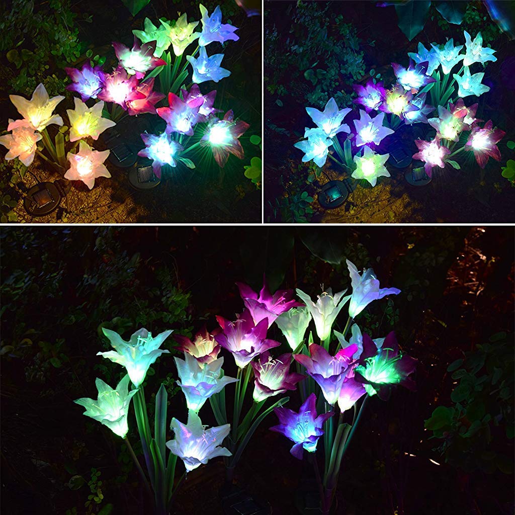 Supvox Outdoor Solar Garden Flower Lights, 2 Pack Solar Powered Lights with 8 Lily Flowers, Multi-Color Changing Decorative Underground Lights for Garden, Patio, Backyard (Purple and White)