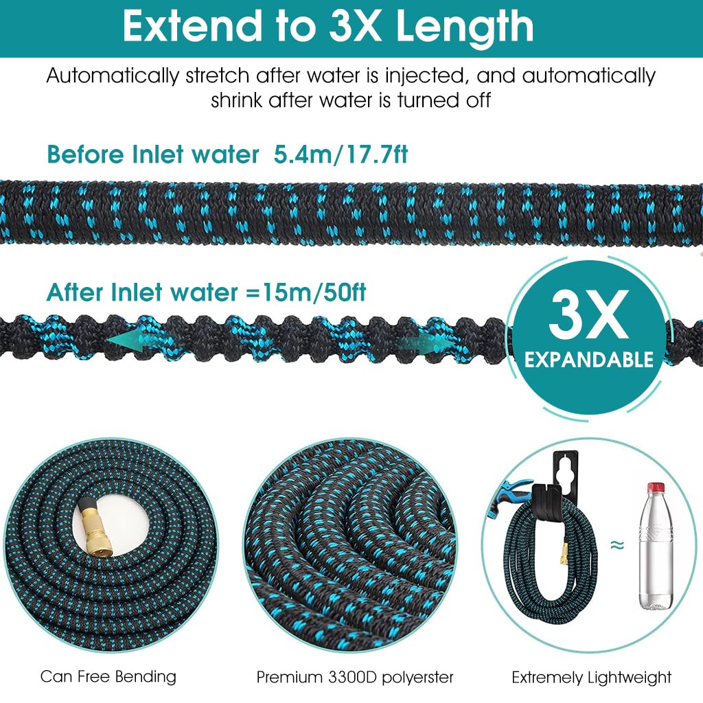 HASTHIP 15m Garden Hose Pipe with 10 Function Sprayer Gun, Expandable EVA Lightweight Anti-Kink Flexible Water Hose with Pressurized Nozzle Sprinkler for Home Garden Car Washing Pet Bathing