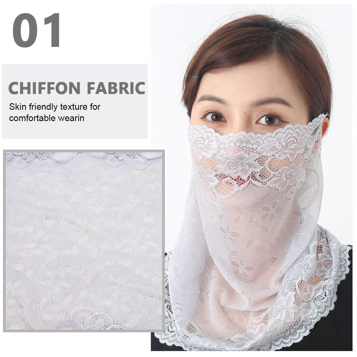 PALAY Lace Face Mask Face Cover for Women Sun Protection, Stylish Breathable UV Protection Embroidery Veil Face & Neck Covering for Girls - Hanging Ear Design