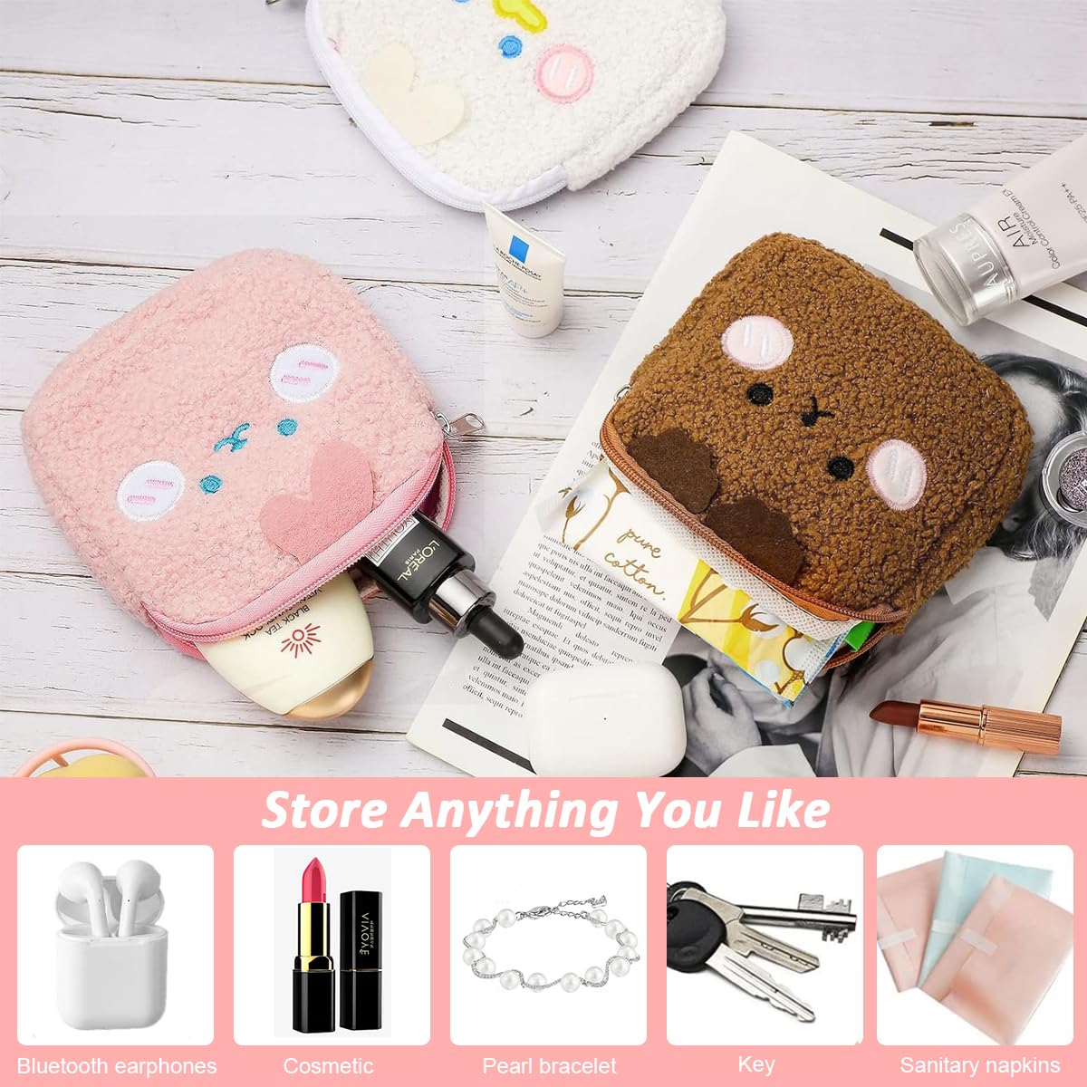 MAYCREATE 3Pcs Makeup Pouch Sanitary Pads Pouches Plush Storage Pouches Cute Cartoon Coin Pouch Small Lipstick Zipper Pouches for Girls Portable Zipper Pouch for Tampons, Sanitary Pads, Tissues